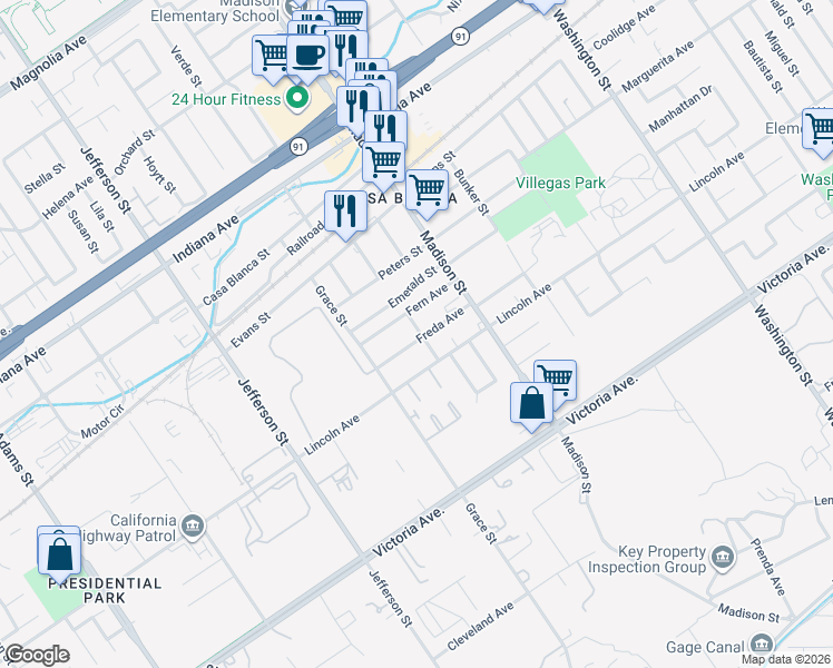 map of restaurants, bars, coffee shops, grocery stores, and more near 7606 Freda Avenue in Riverside
