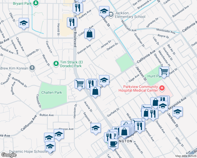 map of restaurants, bars, coffee shops, grocery stores, and more near 9405 California Avenue in Riverside
