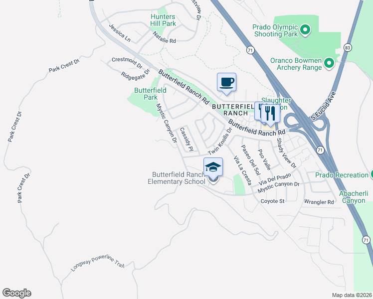 map of restaurants, bars, coffee shops, grocery stores, and more near 6235 Ritter Path in Chino Hills