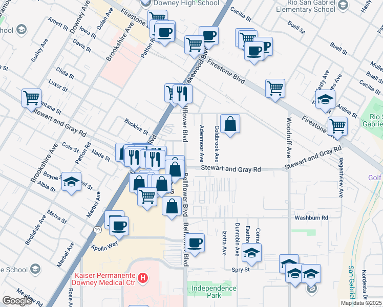 map of restaurants, bars, coffee shops, grocery stores, and more near 11744 Bellflower Boulevard in Downey