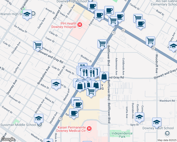 map of restaurants, bars, coffee shops, grocery stores, and more near 11801 Lakewood Boulevard in Downey