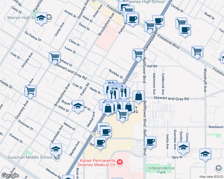 map of restaurants, bars, coffee shops, grocery stores, and more near 11801 Lakewood Boulevard in Downey