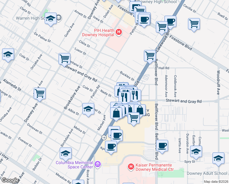 map of restaurants, bars, coffee shops, grocery stores, and more near 8716 Stewart and Gray Road in Downey