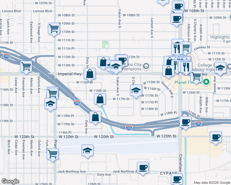 map of restaurants, bars, coffee shops, grocery stores, and more near 3547 West 117th Street in Inglewood