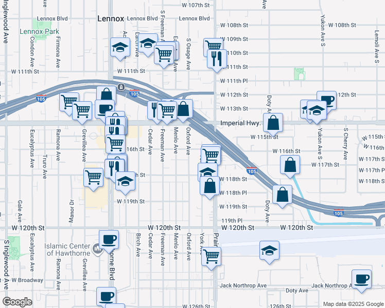 map of restaurants, bars, coffee shops, grocery stores, and more near 11628 Oxford Avenue in Hawthorne