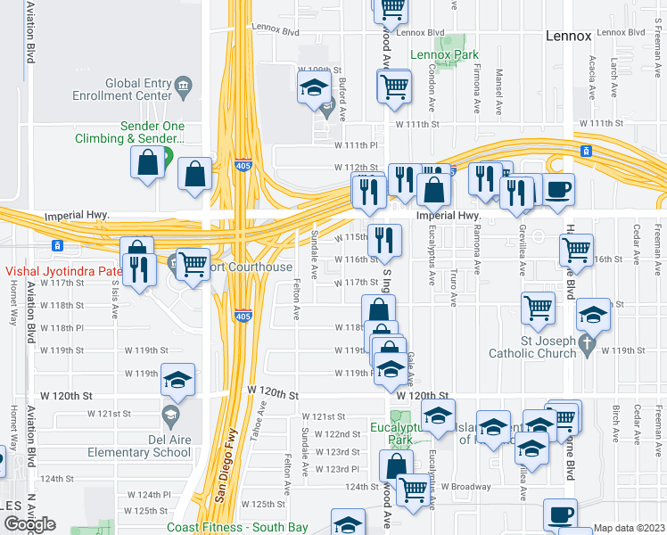 map of restaurants, bars, coffee shops, grocery stores, and more near 4901 Buford Avenue in Hawthorne