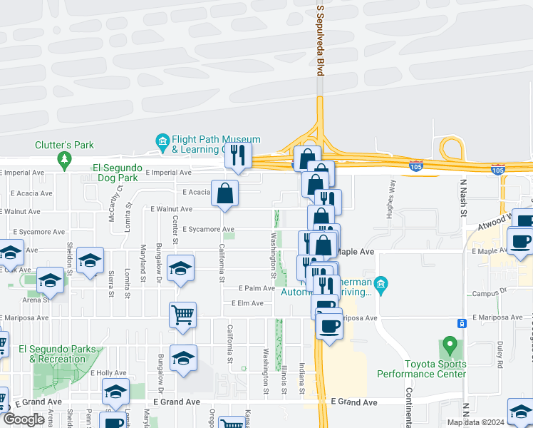 map of restaurants, bars, coffee shops, grocery stores, and more near 843 Washington Street in El Segundo