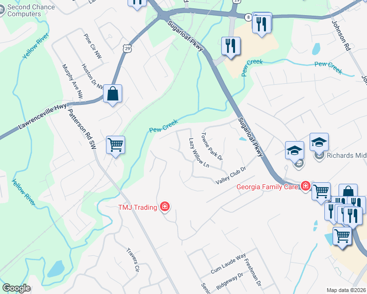 map of restaurants, bars, coffee shops, grocery stores, and more near 435 Lazy Willow Lane in Lawrenceville