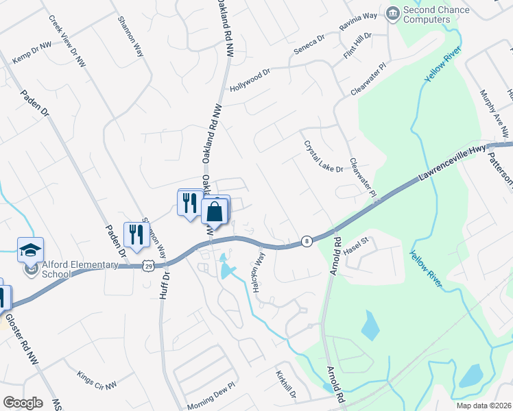 map of restaurants, bars, coffee shops, grocery stores, and more near 174 Oakland Hills Way in Lawrenceville
