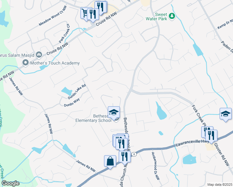 map of restaurants, bars, coffee shops, grocery stores, and more near 535 Sugar Gate Court in Lawrenceville