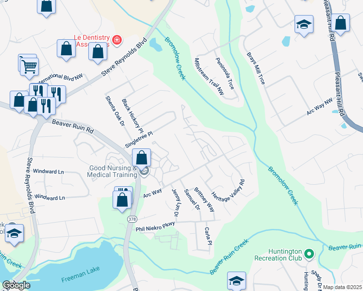 map of restaurants, bars, coffee shops, grocery stores, and more near 1261 Sweet Pine Drive in Norcross