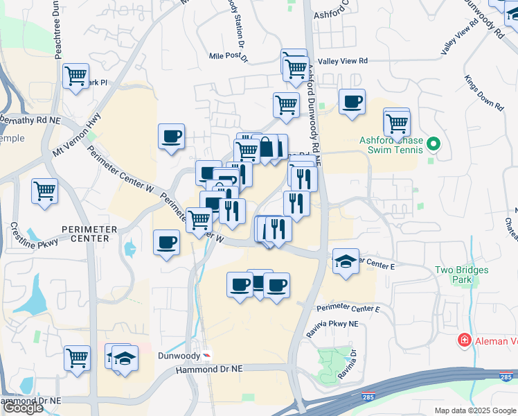 map of restaurants, bars, coffee shops, grocery stores, and more near 115 Interstate 285 in Dunwoody