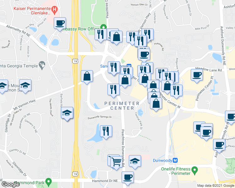 map of restaurants, bars, coffee shops, grocery stores, and more near 6340 Peachtree Dunwoody Road in Sandy Springs