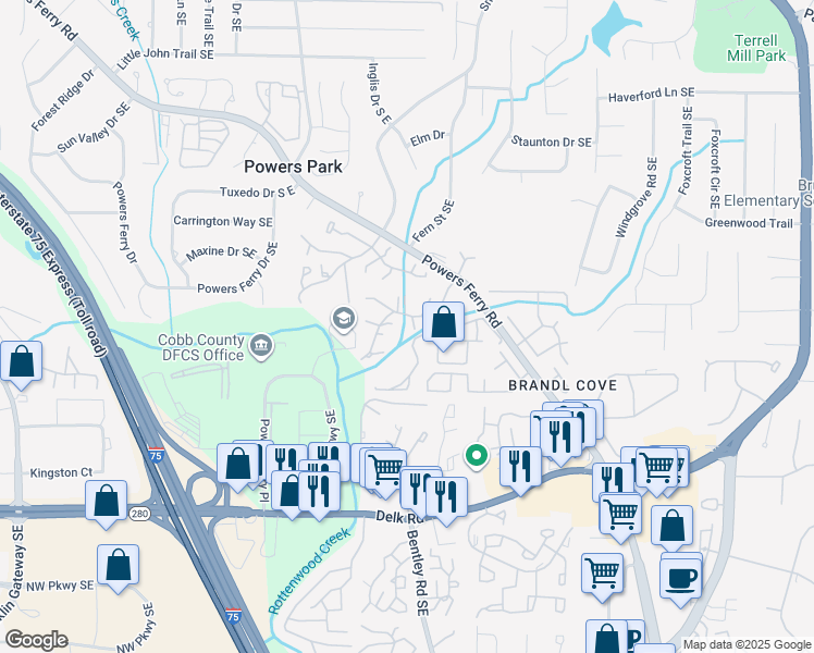 map of restaurants, bars, coffee shops, grocery stores, and more near 926 Cedar Creek South in Marietta