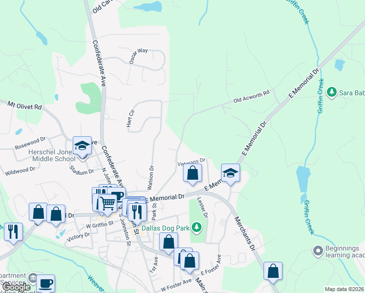 map of restaurants, bars, coffee shops, grocery stores, and more near 280 Old Acworth Road in Dallas