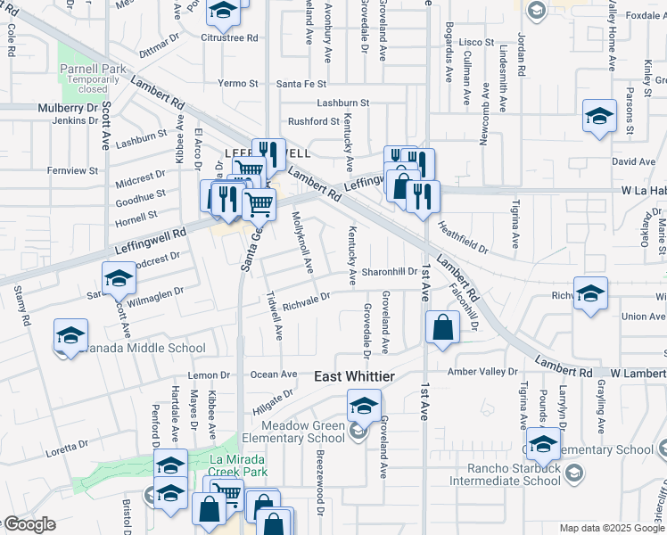 map of restaurants, bars, coffee shops, grocery stores, and more near 15926 Sharon Hill Drive in Whittier
