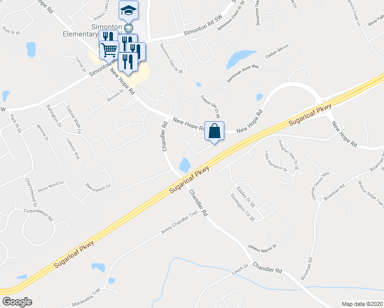 map of restaurants, bars, coffee shops, grocery stores, and more near 1135 Brook Meadow Court in Lawrenceville