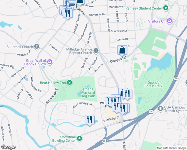 map of restaurants, bars, coffee shops, grocery stores, and more near 275 Annes Court in Athens