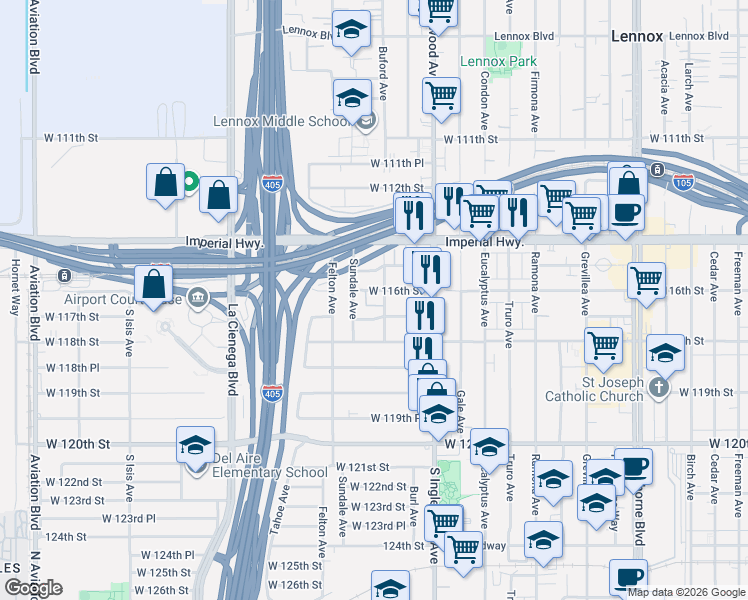 map of restaurants, bars, coffee shops, grocery stores, and more near 4900 West 116th Street in Hawthorne