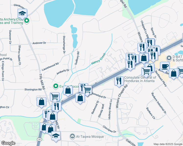 map of restaurants, bars, coffee shops, grocery stores, and more near 6676 Peachtree Industrial Boulevard in Atlanta