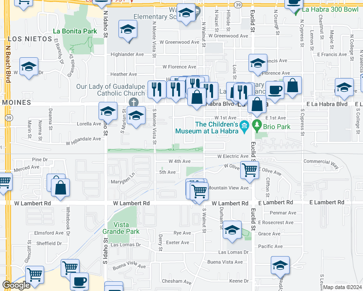 map of restaurants, bars, coffee shops, grocery stores, and more near 361 Knudson Street in La Habra