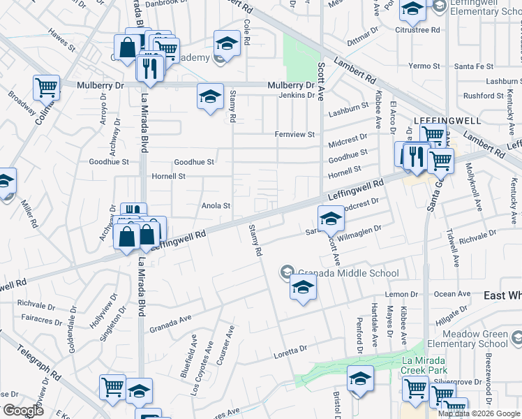 map of restaurants, bars, coffee shops, grocery stores, and more near 15265 Leffingwell Road in Whittier