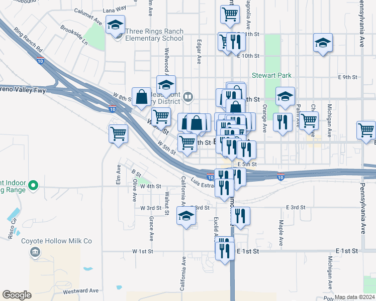 map of restaurants, bars, coffee shops, grocery stores, and more near 552 North California Avenue in Beaumont