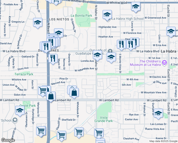 map of restaurants, bars, coffee shops, grocery stores, and more near 1320 West Hillandale Avenue in La Habra