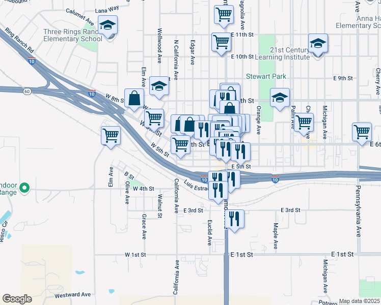 map of restaurants, bars, coffee shops, grocery stores, and more near 559 Edgar Avenue in Beaumont