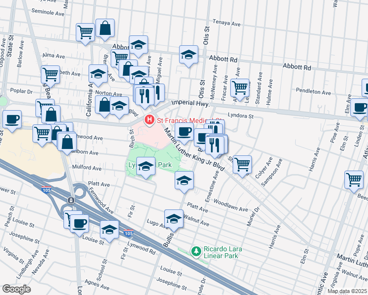 map of restaurants, bars, coffee shops, grocery stores, and more near 3791 Martin Luther King Junior Boulevard in Lynwood