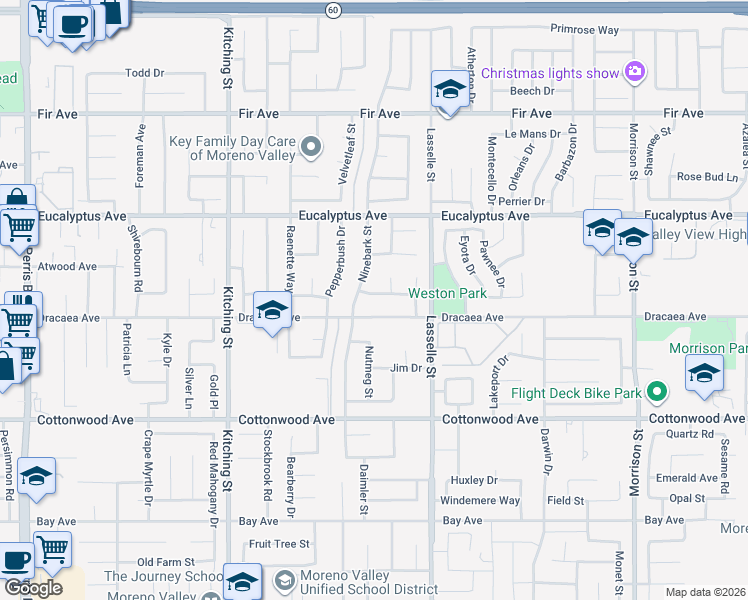 map of restaurants, bars, coffee shops, grocery stores, and more near 25884 Dracaea Avenue in Moreno Valley