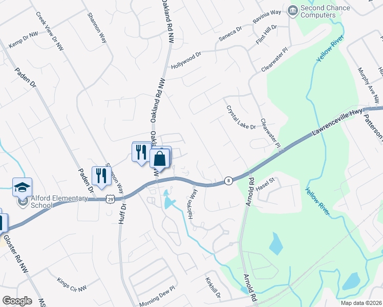 map of restaurants, bars, coffee shops, grocery stores, and more near 174 Oakland Hills Way in Lawrenceville