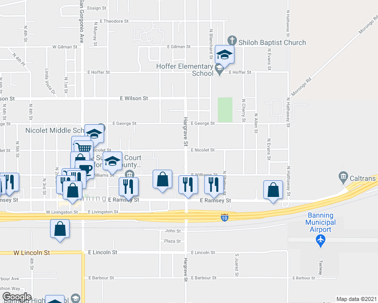 map of restaurants, bars, coffee shops, grocery stores, and more near 378 N Hargrave St in Banning