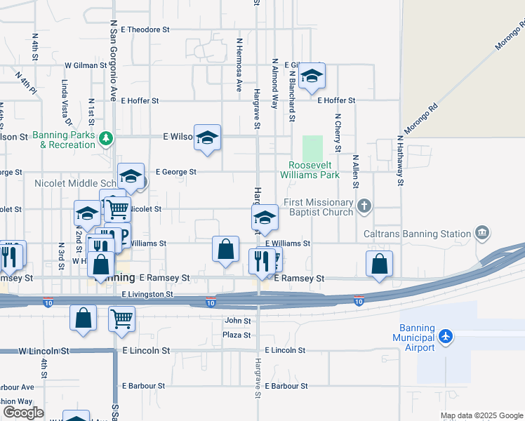 map of restaurants, bars, coffee shops, grocery stores, and more near 378 North Hargrave Street in Banning