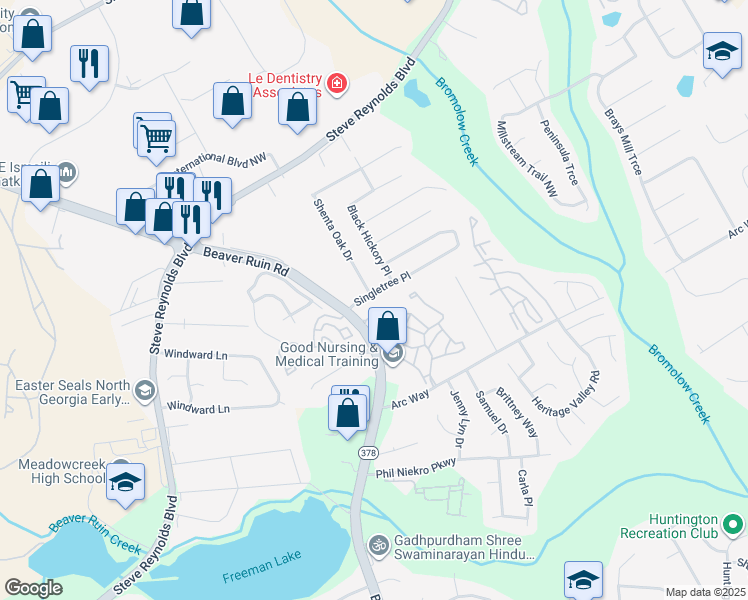map of restaurants, bars, coffee shops, grocery stores, and more near 4172 Singletree Place in Norcross