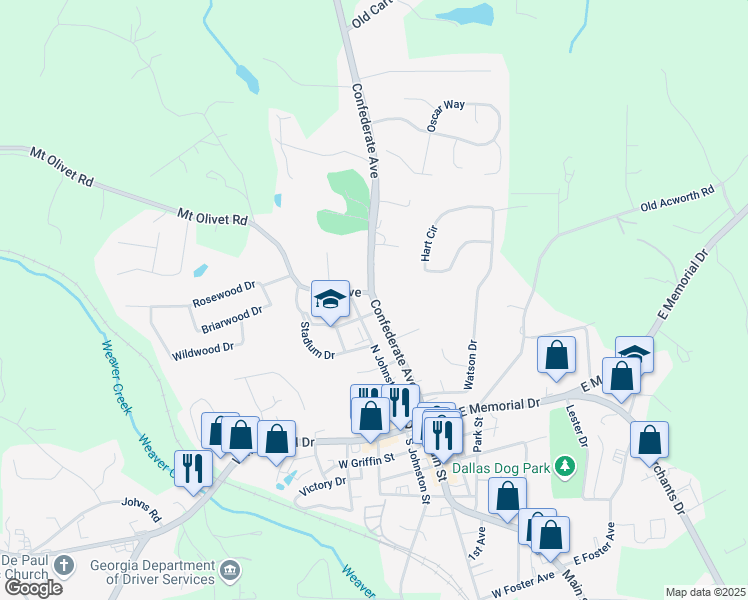 map of restaurants, bars, coffee shops, grocery stores, and more near Cartersville Highway in Dallas