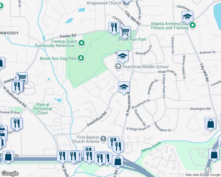 map of restaurants, bars, coffee shops, grocery stores, and more near 2300 Peachford Road in Dunwoody
