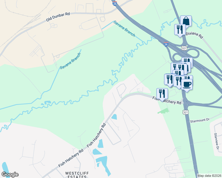 map of restaurants, bars, coffee shops, grocery stores, and more near 164 Indigo Place Court in West Columbia