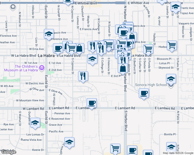map of restaurants, bars, coffee shops, grocery stores, and more near 730 East 3rd Avenue in La Habra