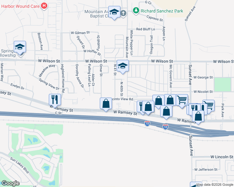map of restaurants, bars, coffee shops, grocery stores, and more near 378 North 41 Street in Banning