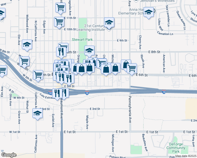 map of restaurants, bars, coffee shops, grocery stores, and more near 845 East 6th Street in Beaumont