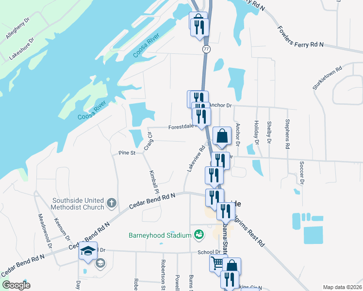 map of restaurants, bars, coffee shops, grocery stores, and more near 2780 Scott Street in Gadsden