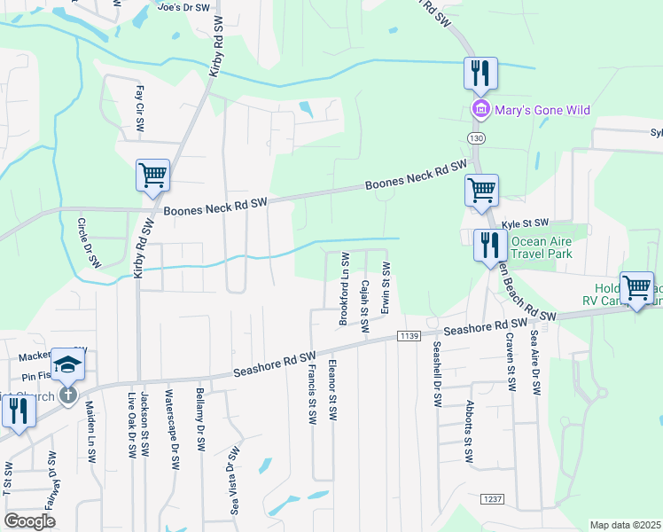 map of restaurants, bars, coffee shops, grocery stores, and more near 2520 Lightwood Drive Southwest in Brunswick County