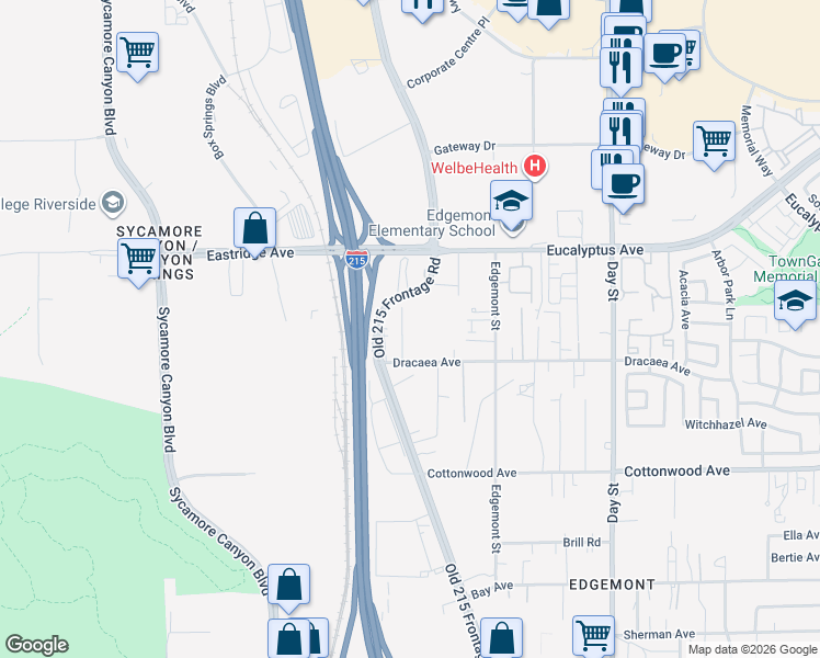 map of restaurants, bars, coffee shops, grocery stores, and more near 13176 Gina Avenue in Moreno Valley