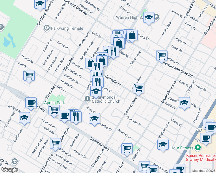 map of restaurants, bars, coffee shops, grocery stores, and more near 8127 Orange Street in Downey
