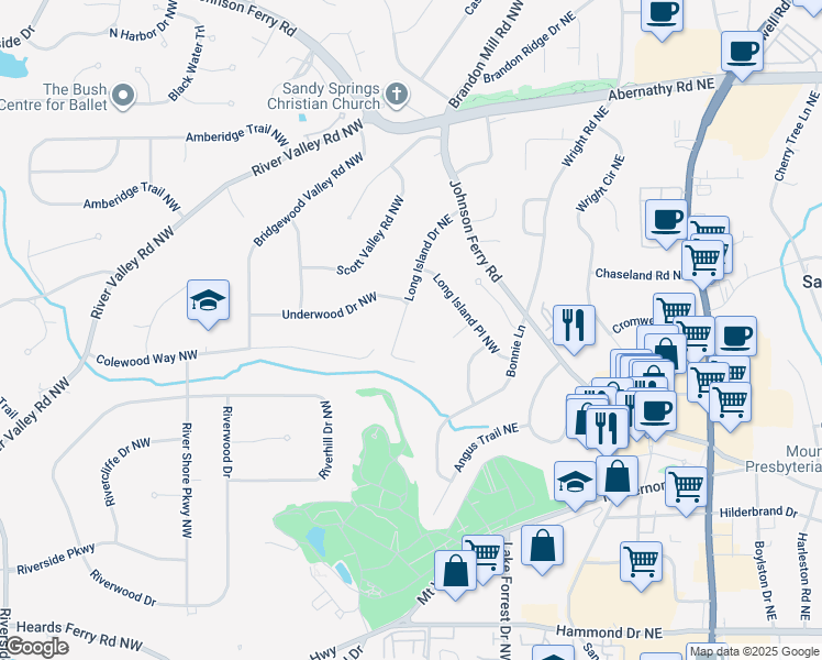 map of restaurants, bars, coffee shops, grocery stores, and more near 6385 Long Island Drive in Sandy Springs