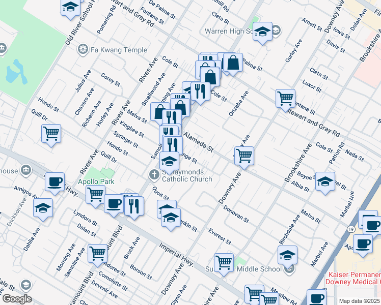map of restaurants, bars, coffee shops, grocery stores, and more near 8127 Orange Street in Downey