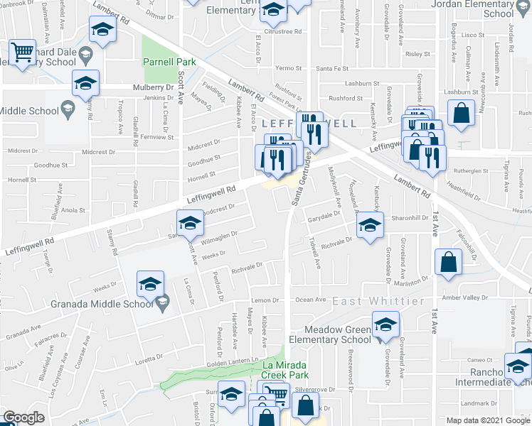 map of restaurants, bars, coffee shops, grocery stores, and more near 11555 Santa Gertrudes Avenue in Whittier