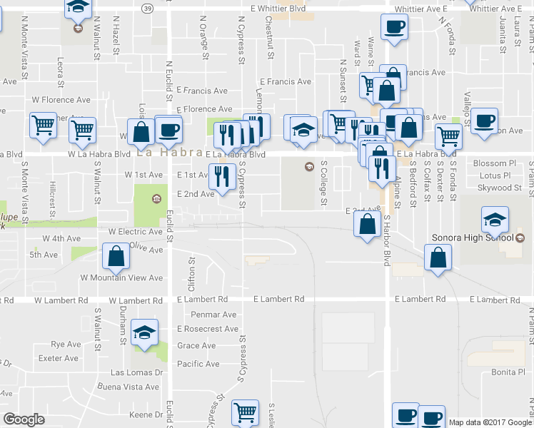 map of restaurants, bars, coffee shops, grocery stores, and more near 506 East 3rd Avenue in La Habra
