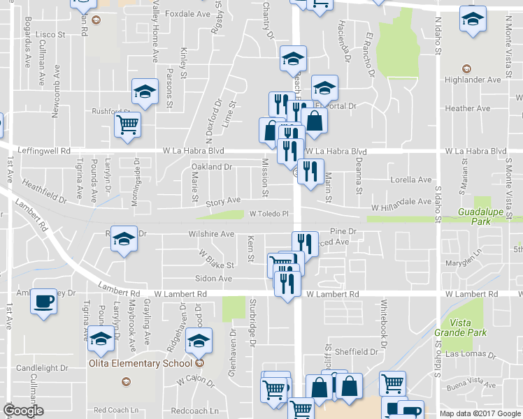 map of restaurants, bars, coffee shops, grocery stores, and more near 2201 West Toledo Place in La Habra